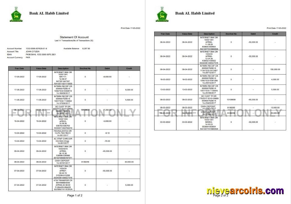 Pakistan Bank Al Habib statement 2 pages